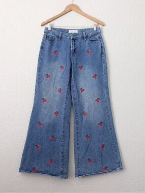 Ashley Mason Embroidered Cherry Wide Leg Jeans